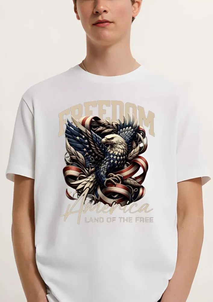 [Freedom3-S] Streetwear T-Shirt - "FREEDOM" Graphic Print | Heavyweight Cotton Unisex Tee | Urban Style Loose Fit Shirt (S, Front, White)