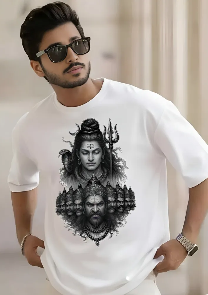 [Shiv9-S] Lord Shiva & Ravana Graphic Oversized T-Shirt – Premium  Mahadev & Dashanand Art Tee (S, White, Front)