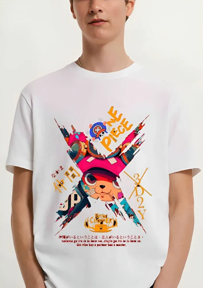 [Chopper2-S] One Piece Tony Tony Chopper "3D2Y" Streetwear Oversized T-Shirt - Wano Arc Aesthetic Graphic Tee (S, Front, White)