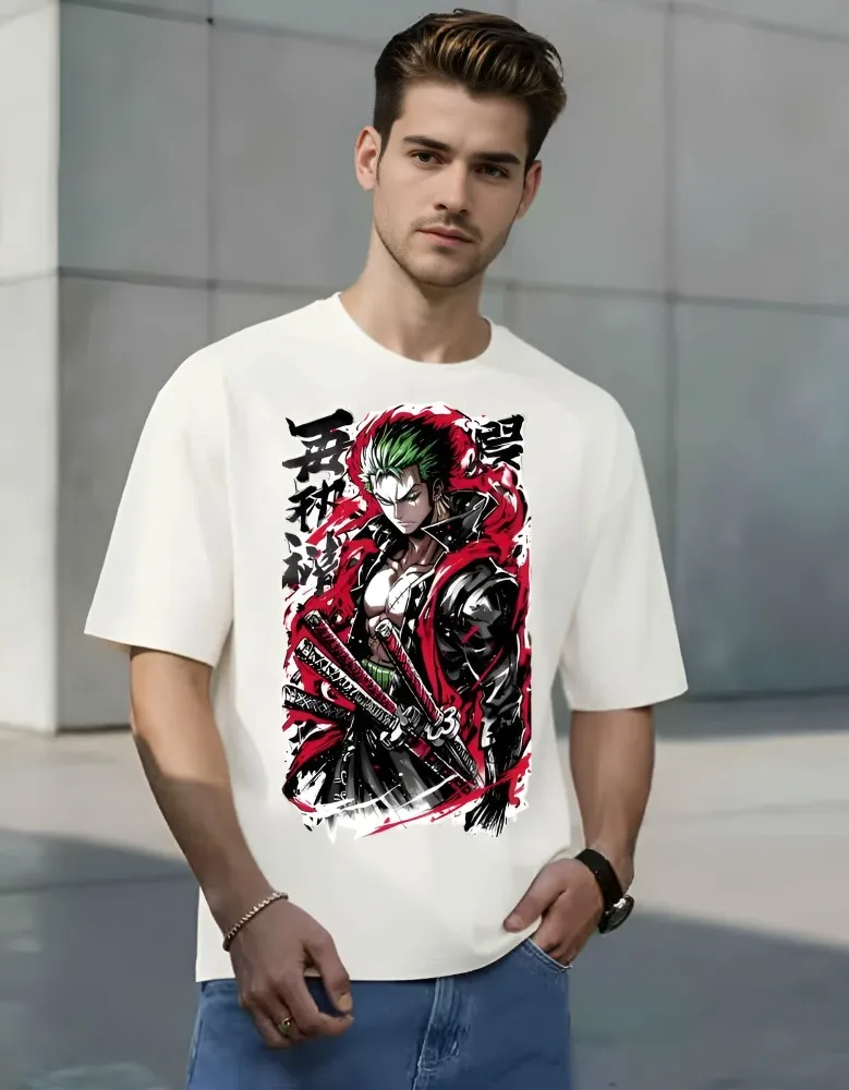 [Zoro38-S] Zoro "Three Sword Style" Anime Printed T-Shirt - Premium White Half Sleeve Round Neck Tee for Men (S, Front, White)