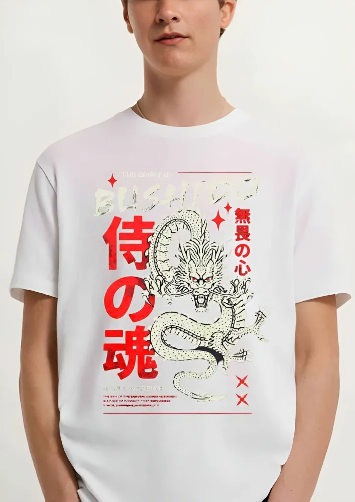 [Dragon2-S] Bushido Spirit: Premium Oversized Japanese Dragon Graphic Tee (S, Front, White)