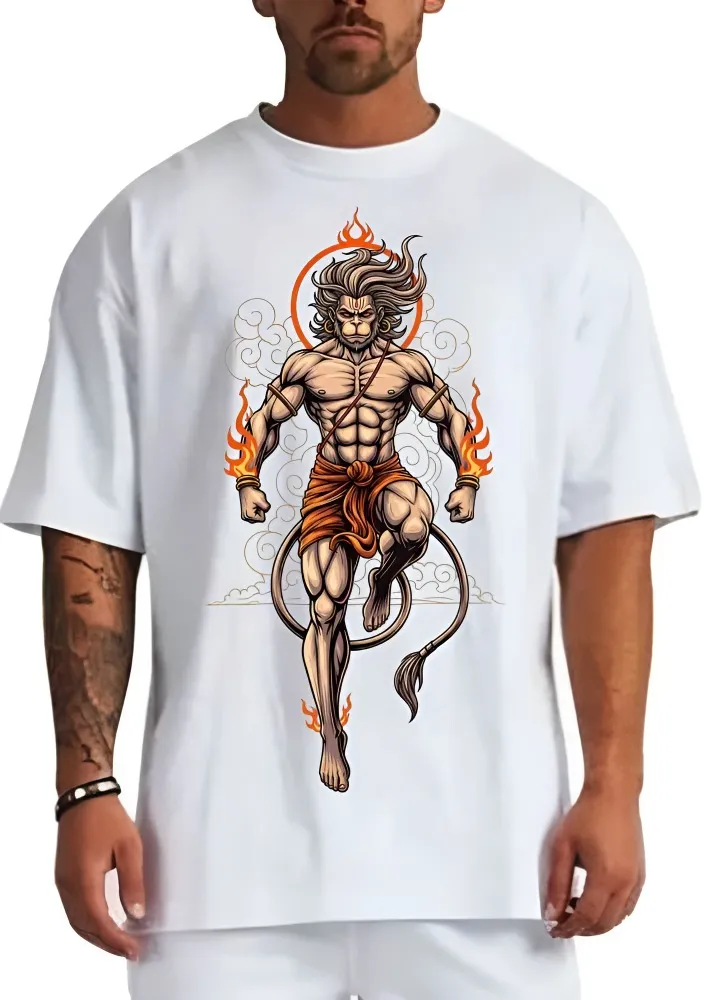 [Hanuman1-S] Lord Hanuman Graphic T-Shirt - Fierce Bajrangbali Warrior Pump Cover (S, White, Front)