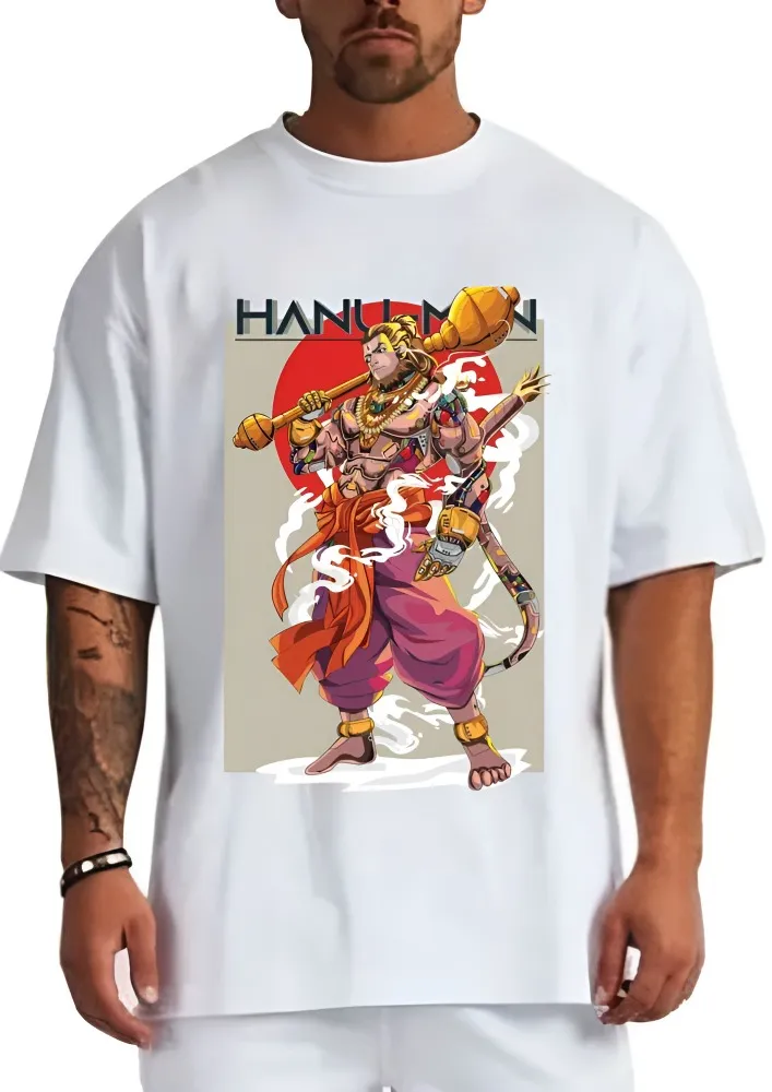 [Hanuman2-S] Cyberpunk Hanuman Graphic T-Shirt (S, White, Front)