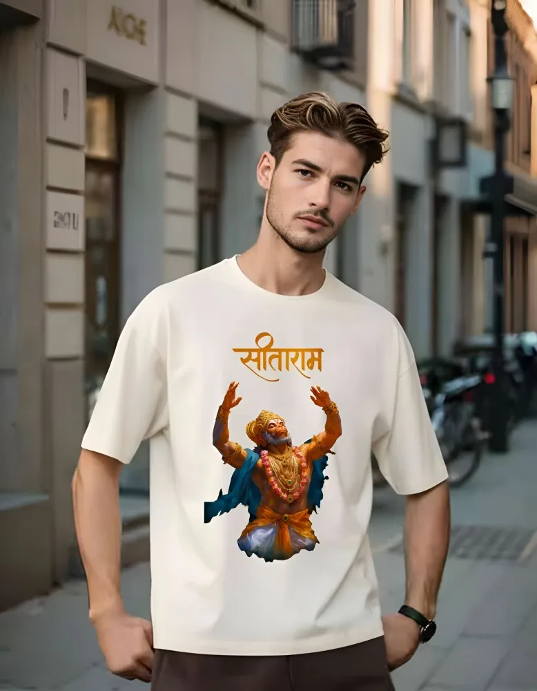 [Hanuman24-S] SitaRam Hanuman Graphic Oversized T-Shirt (S, White, Front)