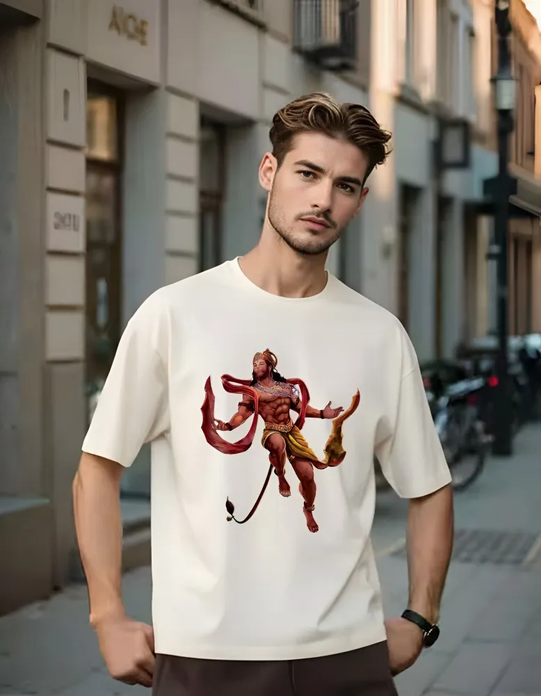 [Hanuman30-S] Divine Strength: Lord Hanuman Graphic Oversized Streetwear T-Shirt (S, Front, White)