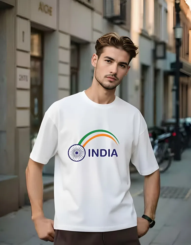 [India5-S] Premium India Pride Oversized Cotton T-Shirt – Minimalist Ashoka Chakra Graphic (S)