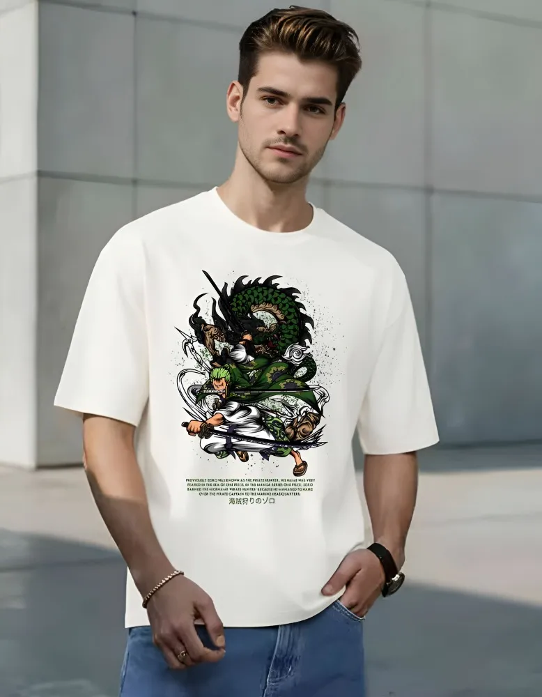 [Zoro30-S] Legendary Swordsman Zoro T-Shirt - Japanese Aesthetic Anime Streetwear (S, Front, White)