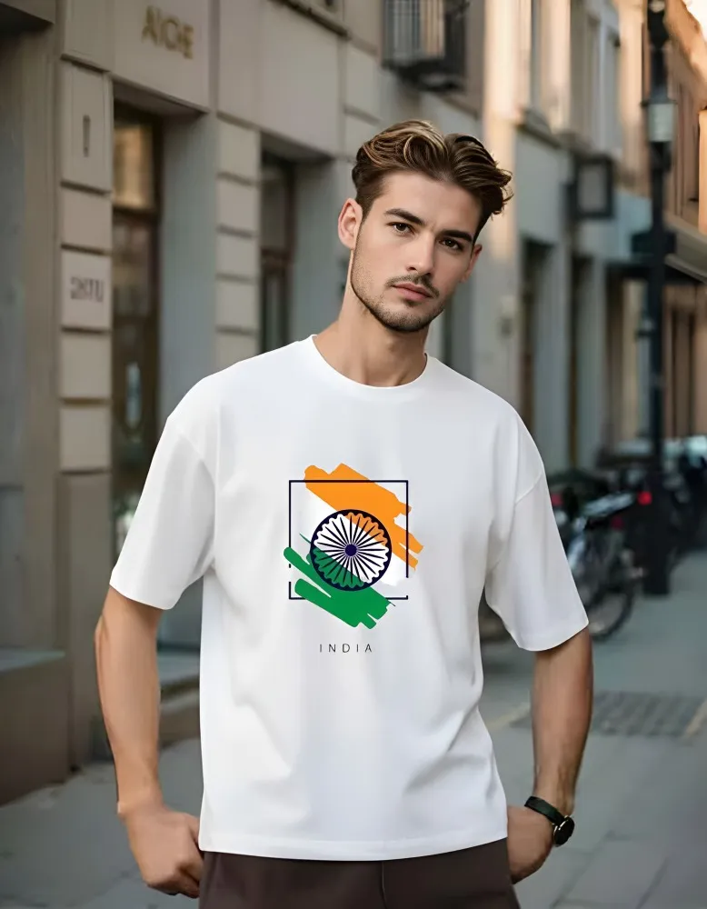 [India9-S] India Flag Graphic Oversized T-Shirt (S, White)