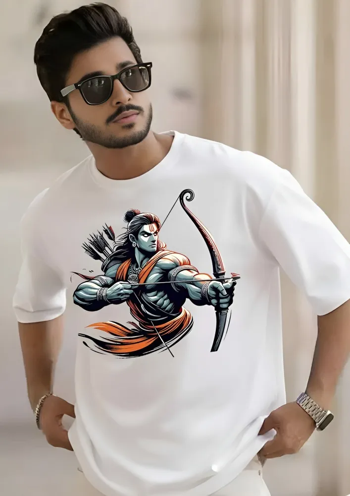 [Ram21-S] Lord Rama Graphic Oversized T-Shirt - Premium Cotton Archer Warrior Print - Modern Hindu Spiritual Streetwear (S, Front, White)