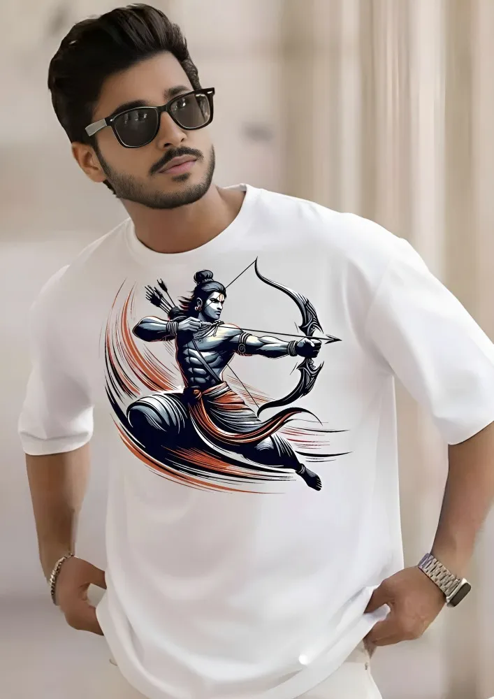 [Ram25-S] Lord Rama Warrior Graphic Oversized T-Shirt | Jai Shree Ram Divine Art Streetwear for Men | Premium  Drop Shoulder Tee (S, Front, White)