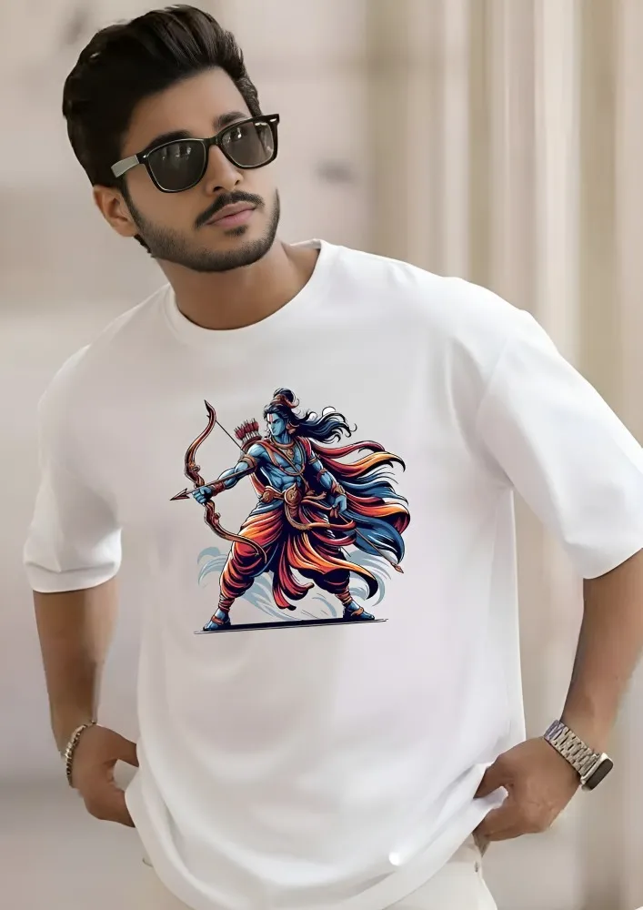 [Ram141-S] Lord Rama Maryada Purushottam in a powerful warrior stance Graphic Oversized T-Shirt (S, White)