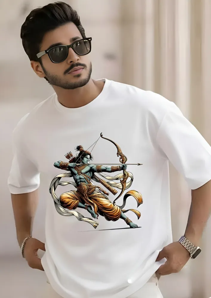 [Ram147-S] Lord Rama Archer Graphic Oversized T-Shirt | Streetwear Hindu Mythology Divine Art Men’s Tee (S, White)