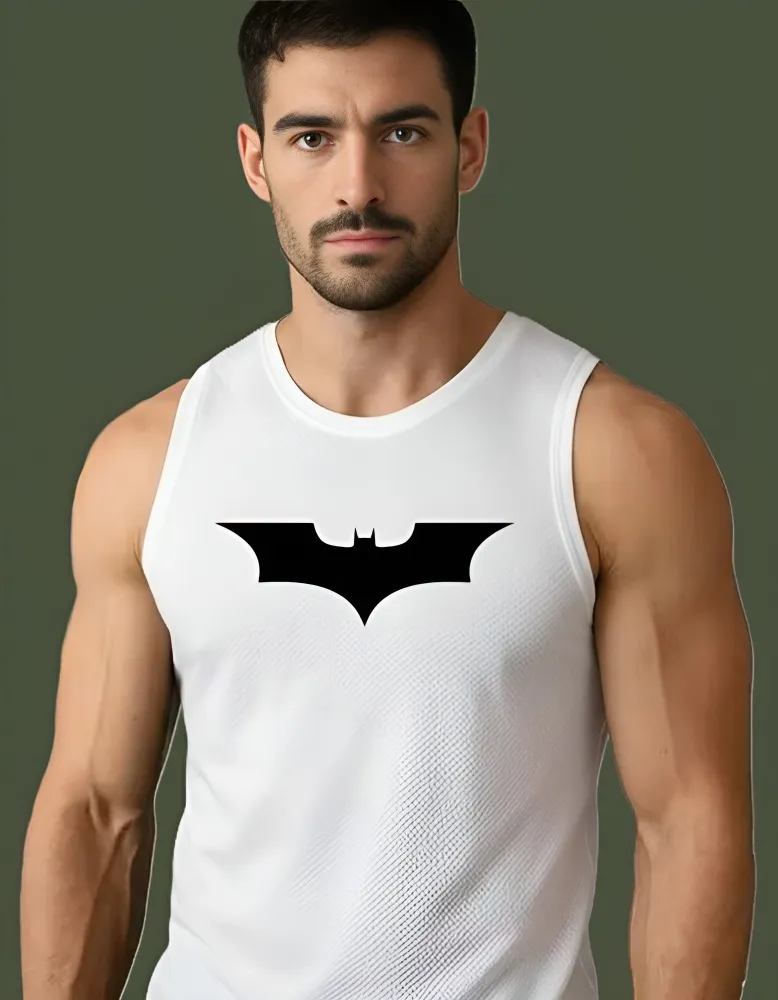 Men’s Slim Fit Batman Gym Sando– Sleeveless Performance Workout Tank Top – White Athletic Muscle Vest (S, Front, White)