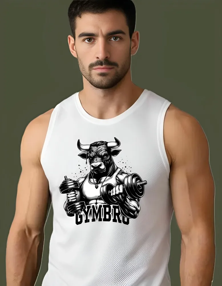 [Sando-Bull7-S] Gym Bro Bull Graphic Tank Top – Men’s Premium Bodybuilding Stringer Sleeveless Workout Shirt – Heavyweight Cotton Gym Vest (S, Front, White)