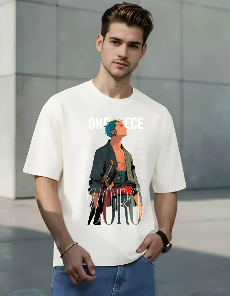 [Zoro10-S] Roronoa Zoro Anime Printed Round Neck Cotton T-Shirt for Men | One Piece Fan Gear (S, White, Front)