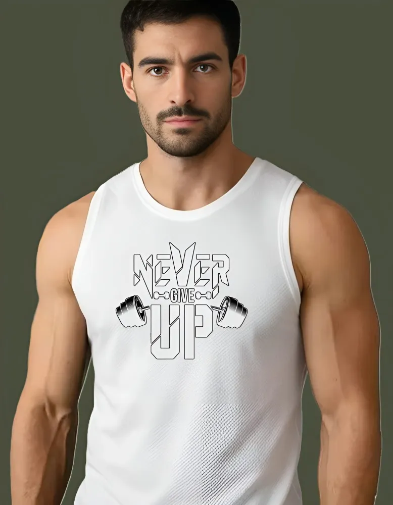 Men’s "Never Give Up" Muscle Tank Top – Premium Gym Stringer & Bodybuilding Workout Vest – Performance Sleeveless Training Shirt