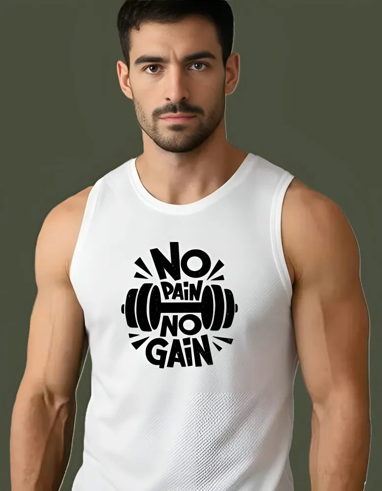 [Sando-NoPain3-S] Men’s Premium No Pain No Gain Gym Vest – Performance Muscle Tank Top for Bodybuilding, Weightlifting & Fitness – Breathable Cotton Blend Training Stringer (S, Front, White)