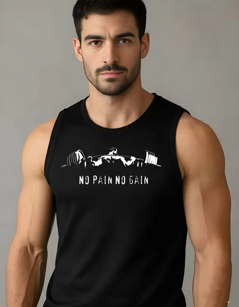 Men’s Premium Muscle Tank Top – "No Pain No Gain" Graphic Gym Vest – High-Performance Bodybuilding Sleeveless Shirt for Workout, Training & Fitness