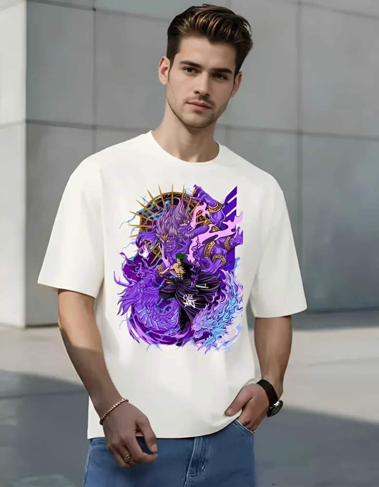 [Zoro6-S] Zoro Enma Dragon Graphic Print T-Shirt | One Piece Inspired Oversized Anime Streetwear (S, White, Front)