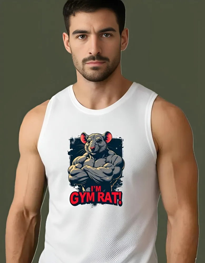 [Sando-Rat3-S] "I'm A Gym Rat" Premium Mesh Tank Top – Funny Bodybuilding Graphic Stringer – Breathable Men’s Workout Muscle Tee (S, White, Front)