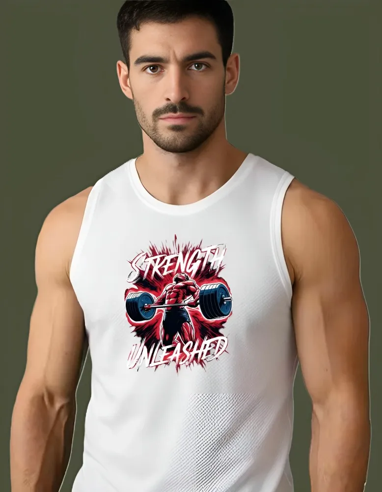 [Sando-Strength3-S] Strength Unleashed: Men's Performance Bodybuilding Mesh Tank Top (S, White, Front)
