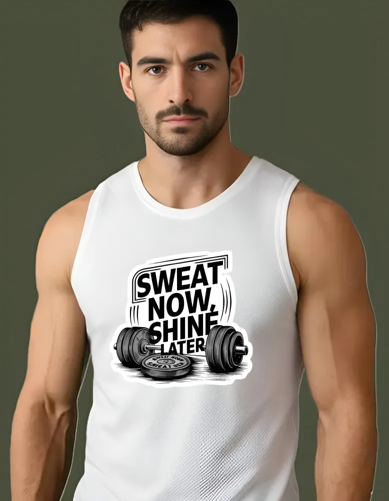 [Sando-Sweat3-S] Men’s Performance Mesh Tank Top - "Sweat Now, Shine Later" Graphic Gym Stringer | Breathable Bodybuilding Sleeveless Shirt (S, White, Front)