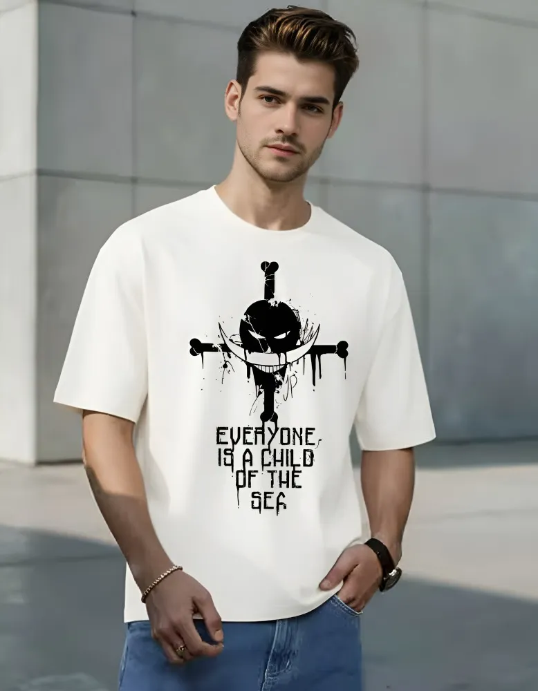 [Whitebeard4-S] Whitebeard "Everyone is a Child of the Sea" Anime Oversized T-Shirt (S, White, Front)