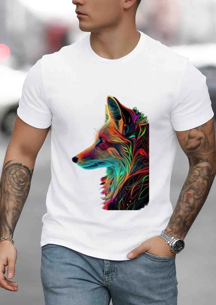 [Wolf3-S] Cyberpunk Neon Fox Abstract Printed Streetwear Tee (S, White)