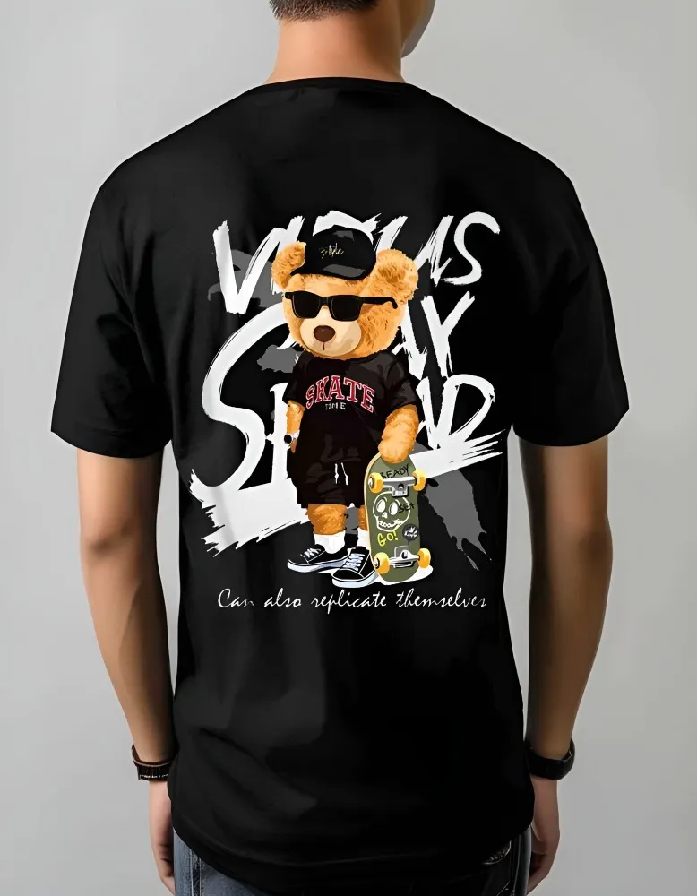 [Teddy1-S] Urban Skater Teddy Graphic Print Black T-Shirt (S)