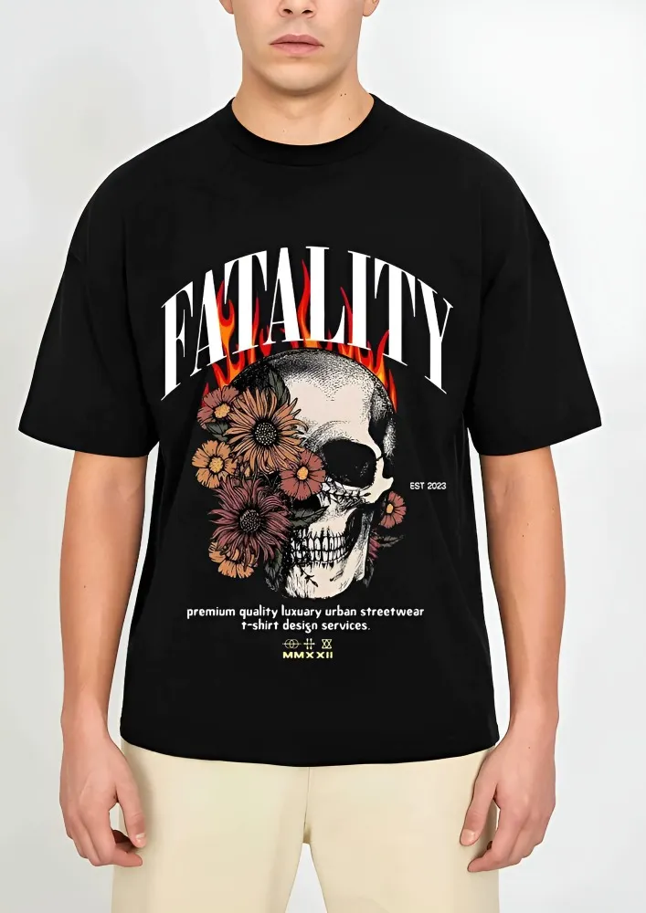 [Skull2_1-S] FATALITY: The Floral Skull Oversized Tee (S, Front)