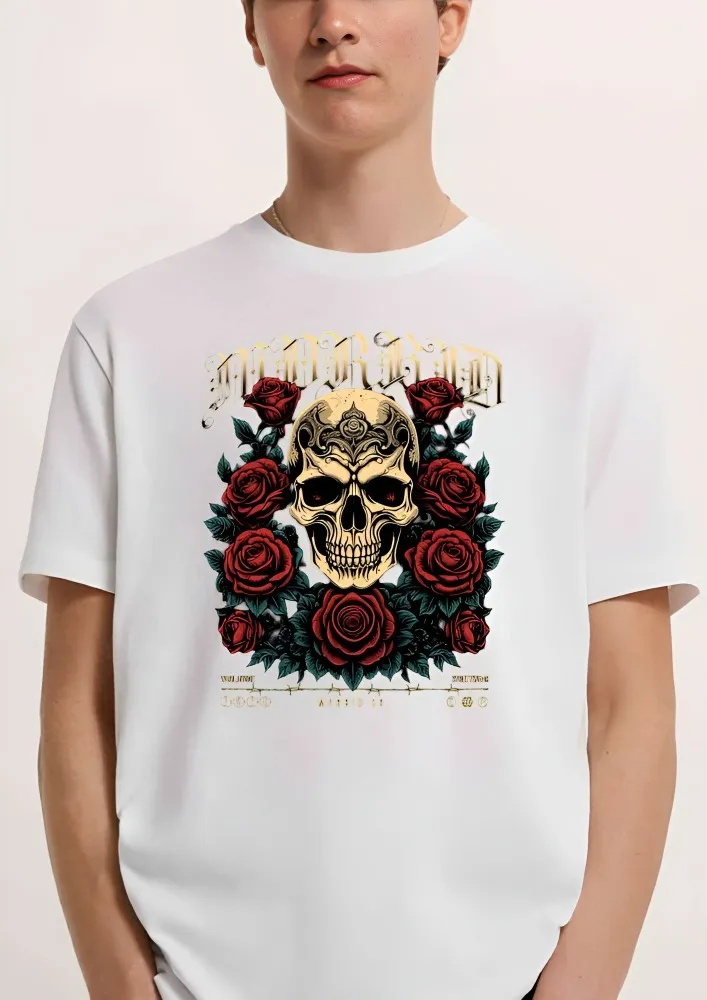 [Skull1_3-S] Unisex Premium Graphic Tee - Vintage Skull & Floral Art Print (S, Front, White)