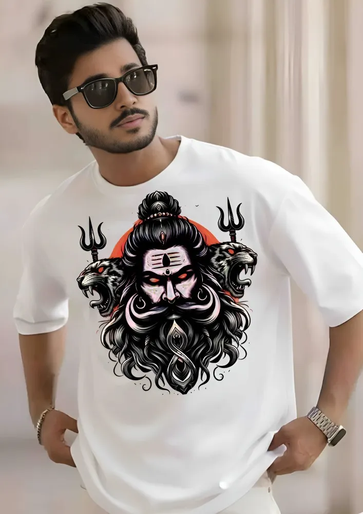 [Shivs5-S] Oversized Cotton T-Shirt with Fierce Shiva & Tiger Graphic Print (S, Front, White)