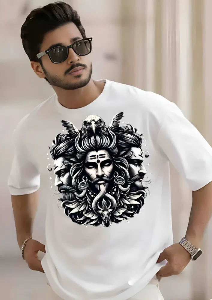 [Shivs1-S] Divine Mahadev Eagle Graphic Oversized T-Shirt (S, White)