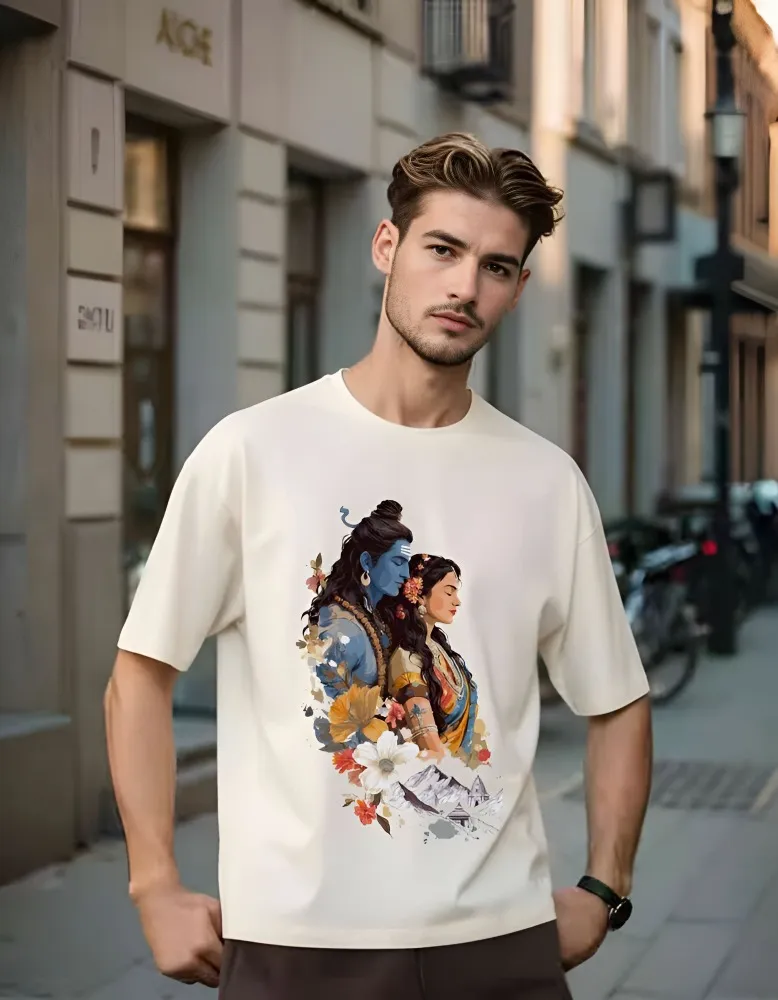 [Shiv18-S] Spiritual Lord Shiva Parvati Himalayan Art Printed Stylish Half Sleeve Tee (S, White)