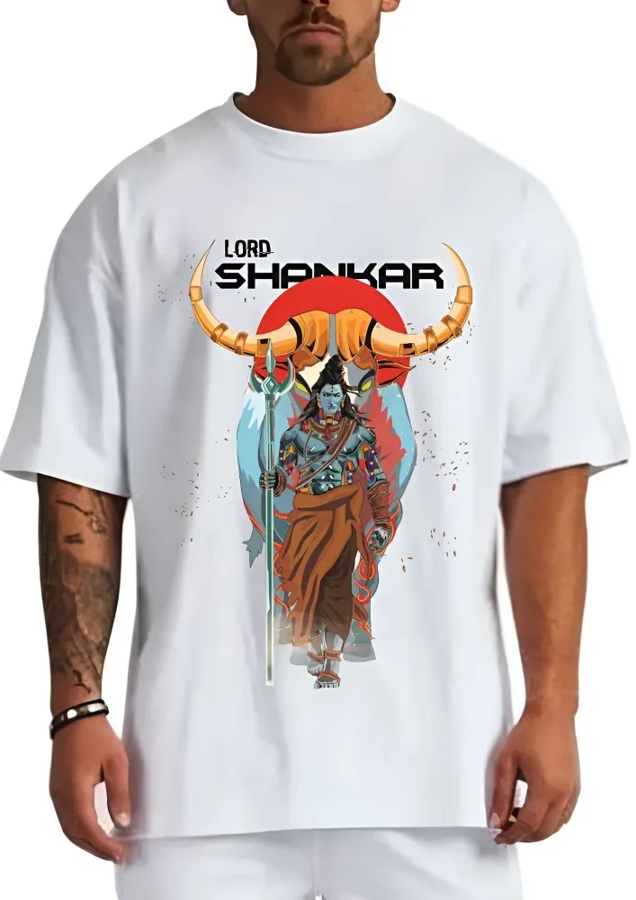 [Shankar1-S] Lord Shankar Cyber-Punk Style Graphic Print Loose Fit T-Shirt (S, Front, White)
