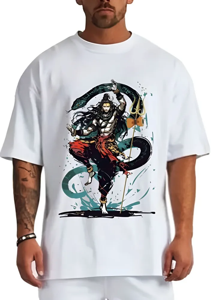 [Shiv2-S] Lord Shiva Graphic Print Oversized Cotton T-Shirt | Mahadev Streetwear Tee (S, White, Front)