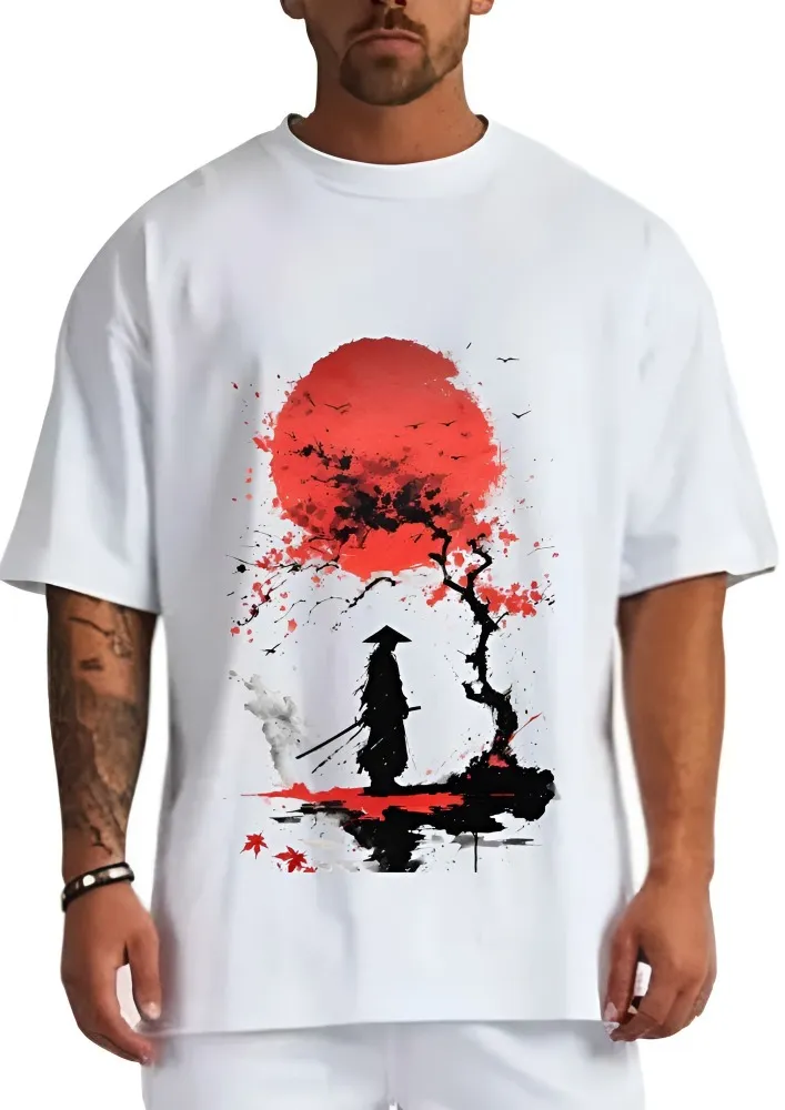 [Samurai1-S] Crimson Horizon: Samurai Silhouette Graphic Tee (S, Front, White)