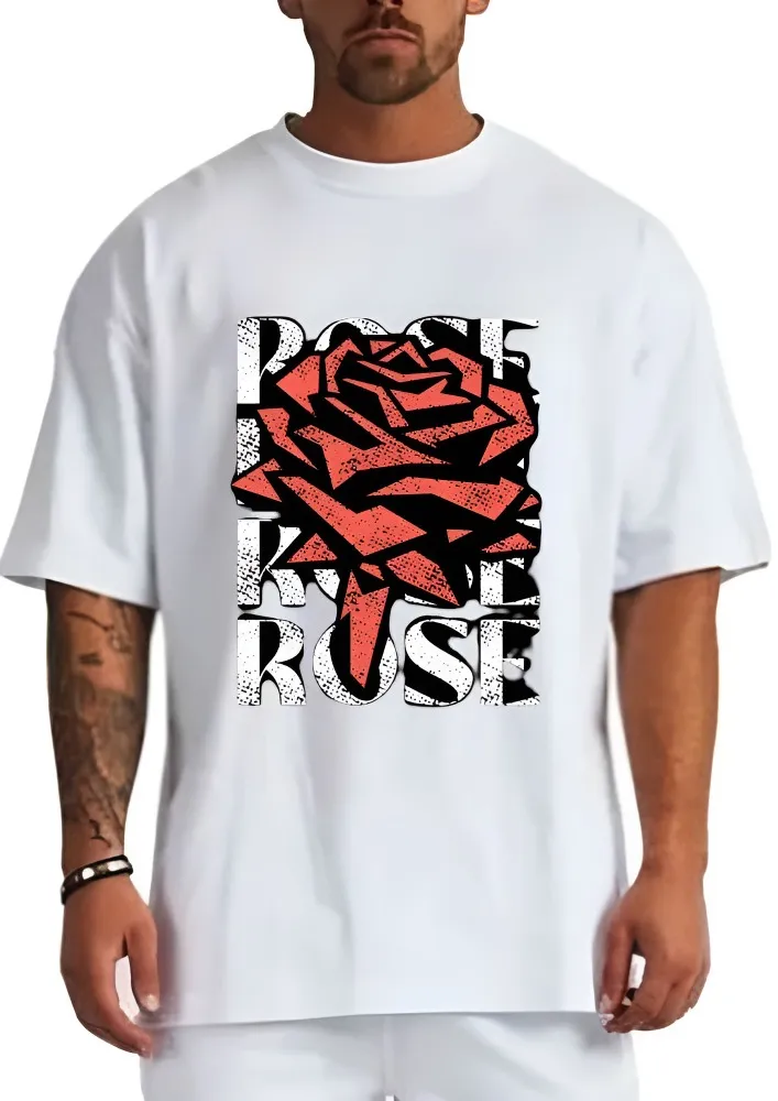 [Rose1-S] Geometric Bloom Streetwear Tee (S, Front, White)