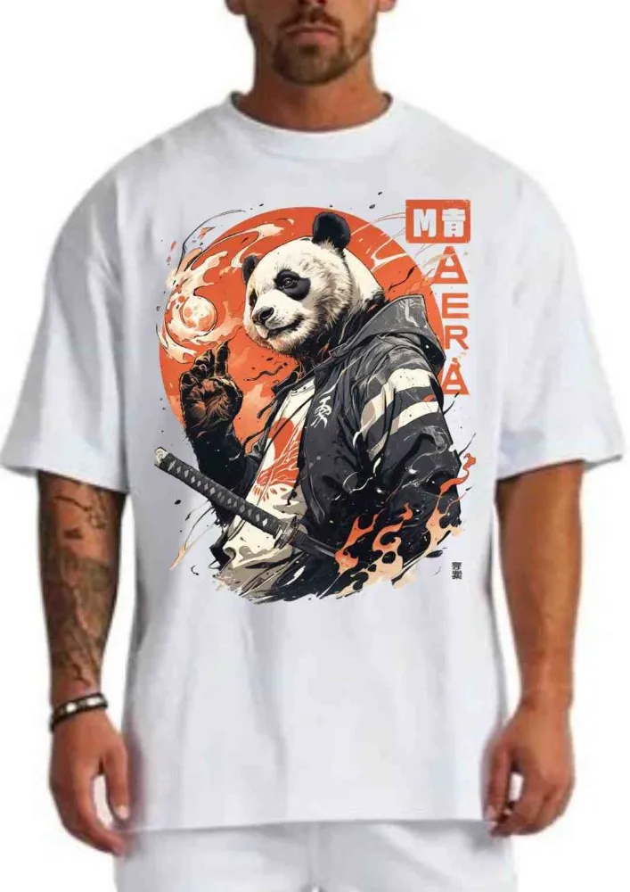 [Panda4-S] Way of the Warrior: Katana Panda Streetwear Tee (S, Front, White)