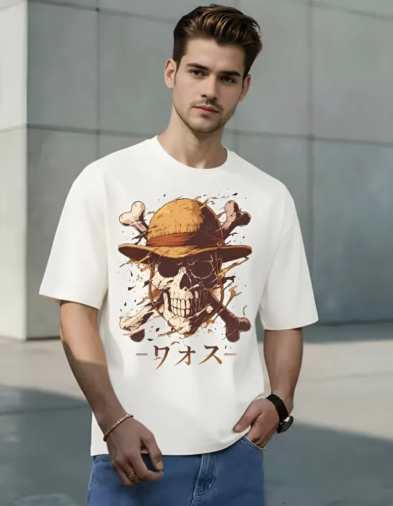 [Onepiece4-S] One Piece Straw Hat Pirates Skull Graphic Oversized T-Shirt (S, Front, White)