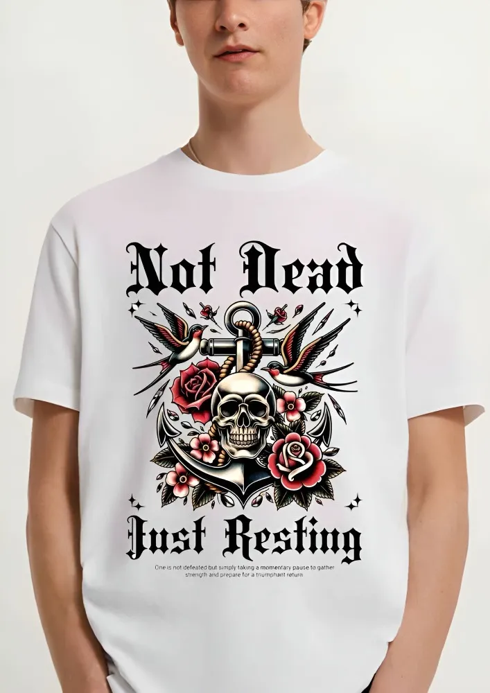[ND1-S] "Not Dead Just Resting" Vintage Tattoo Aesthetic Oversized White T-Shirt (S, Front)