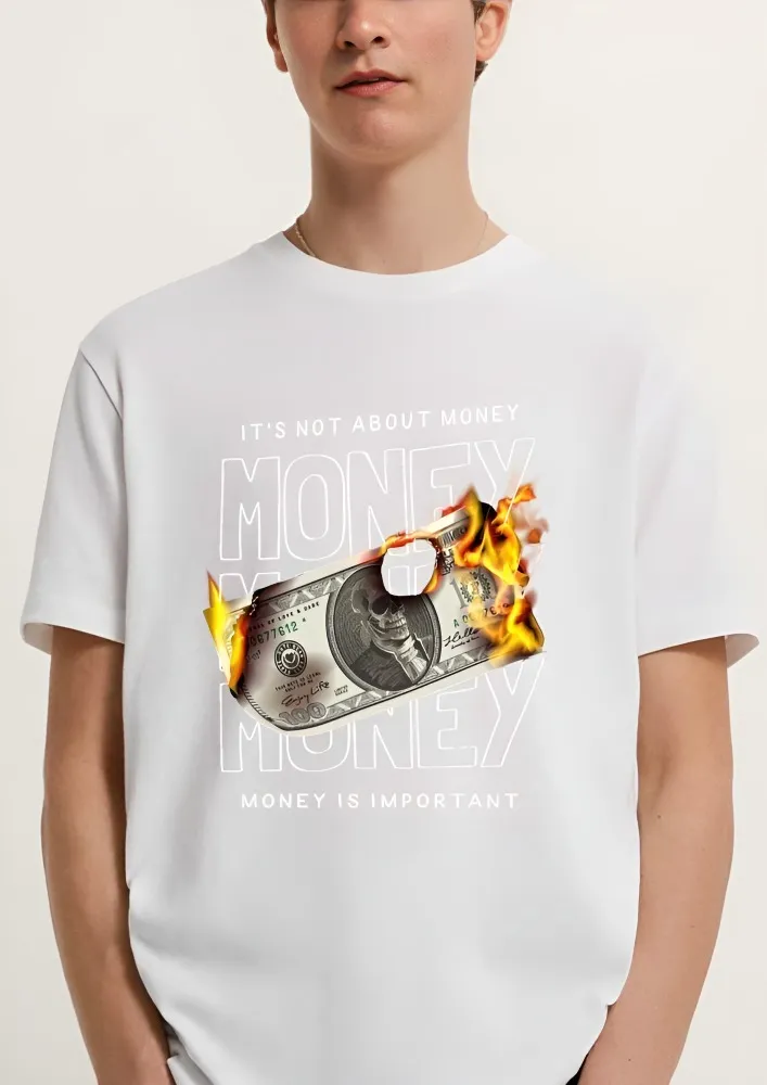 [Money4-S] Streetwear Baggy Fit T-Shirt - Flaming Cash & Skeleton Design (S, Front, White)
