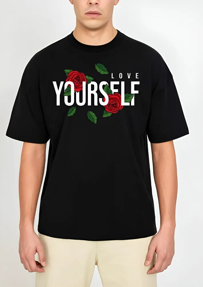 [LY1-S] Unisex Loose Fit Streetwear T-Shirt - Love Yourself Rose Design (S, Front)