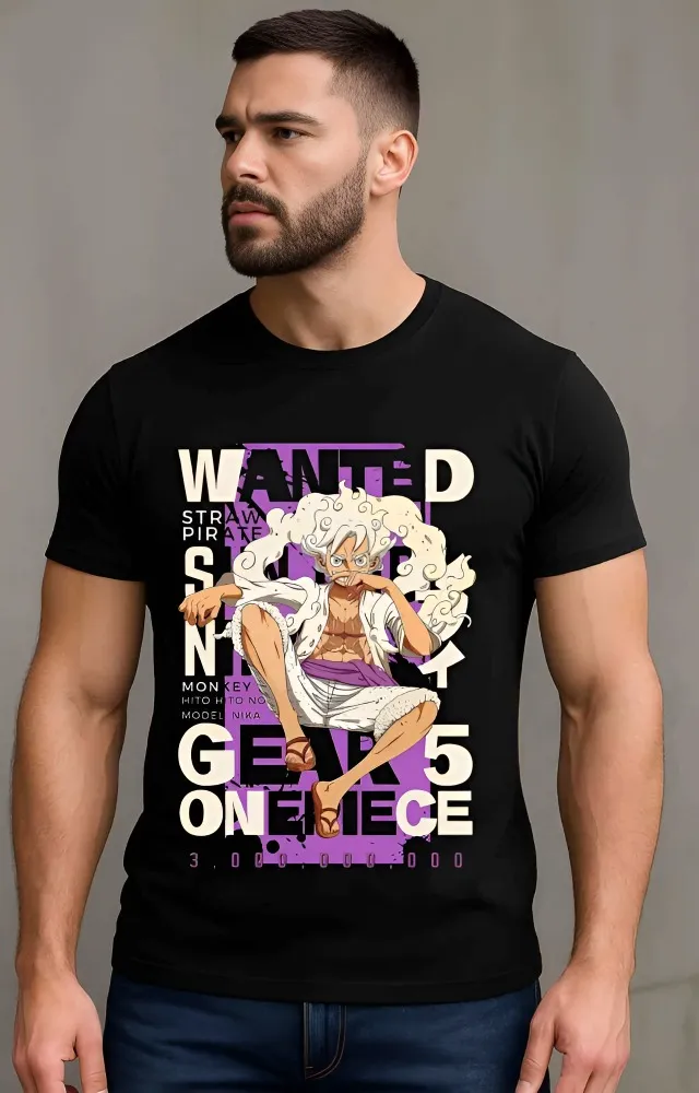 [Luffy6-S] Monkey D. Luffy Gear 5 "Wanted" Poster T-Shirt - Premium Cotton Black Tee (S)