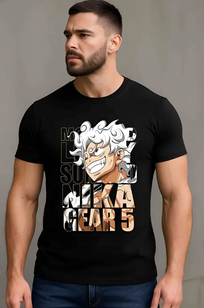 [Luffy1-S] Men's Black Luffy Gear 5 Graphic T-Shirt - Sun God Nika Anime Tee (S)