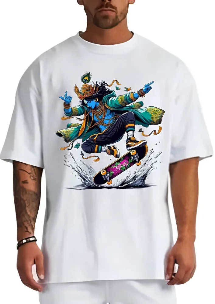 [Krishna1-S] Modern Lord Krishna Skater T-Shirt - Fusion Art Graphic Tee - Hindu Mythology Urban Streetwear (S, Front, White)