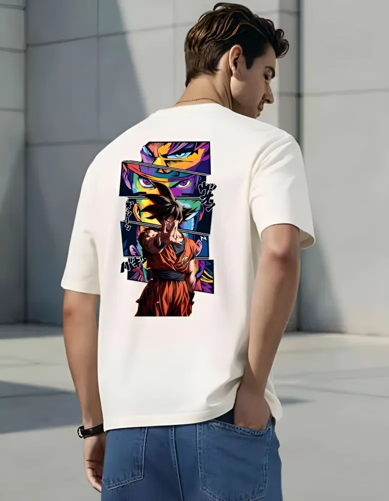 [Goku17-S] Oversized Anime Graphic Tee - Vintage Goku-Inspired Streetwear T-Shirt - Urban Aesthetic Manga Print (S, White)