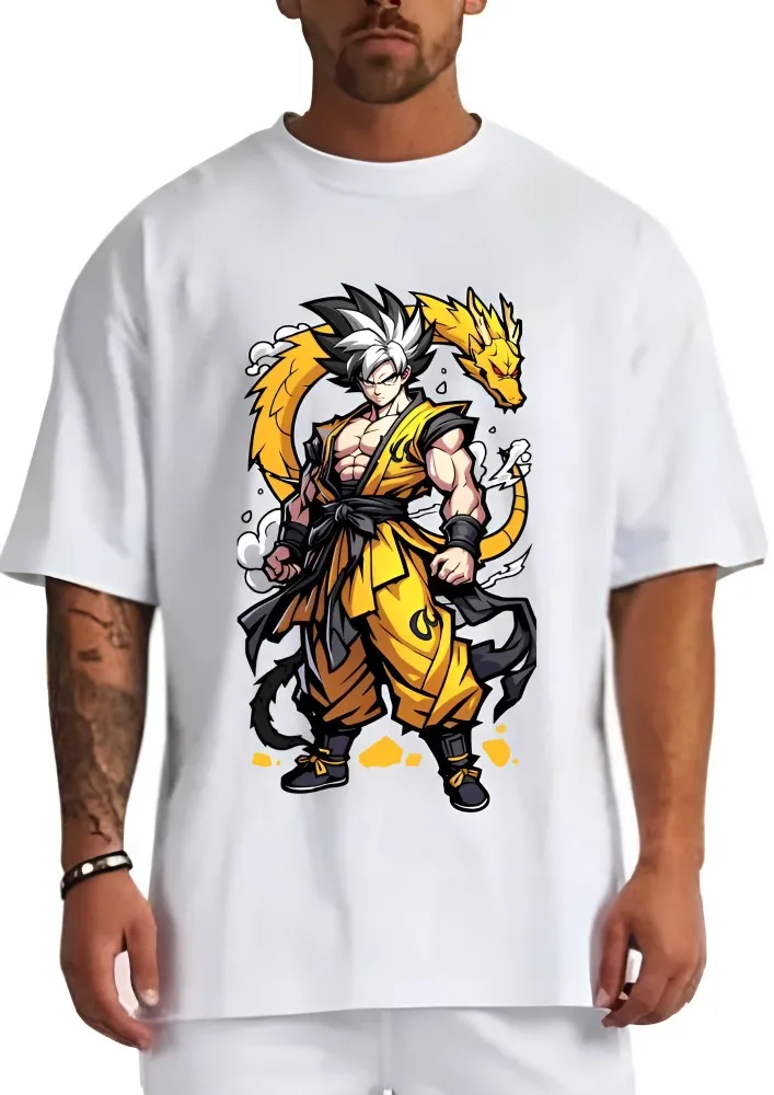[Goku1-S] Goku x Shenron Dragon Graphic Tee – Premium Urban Anime Streetwear (S, White, Front)